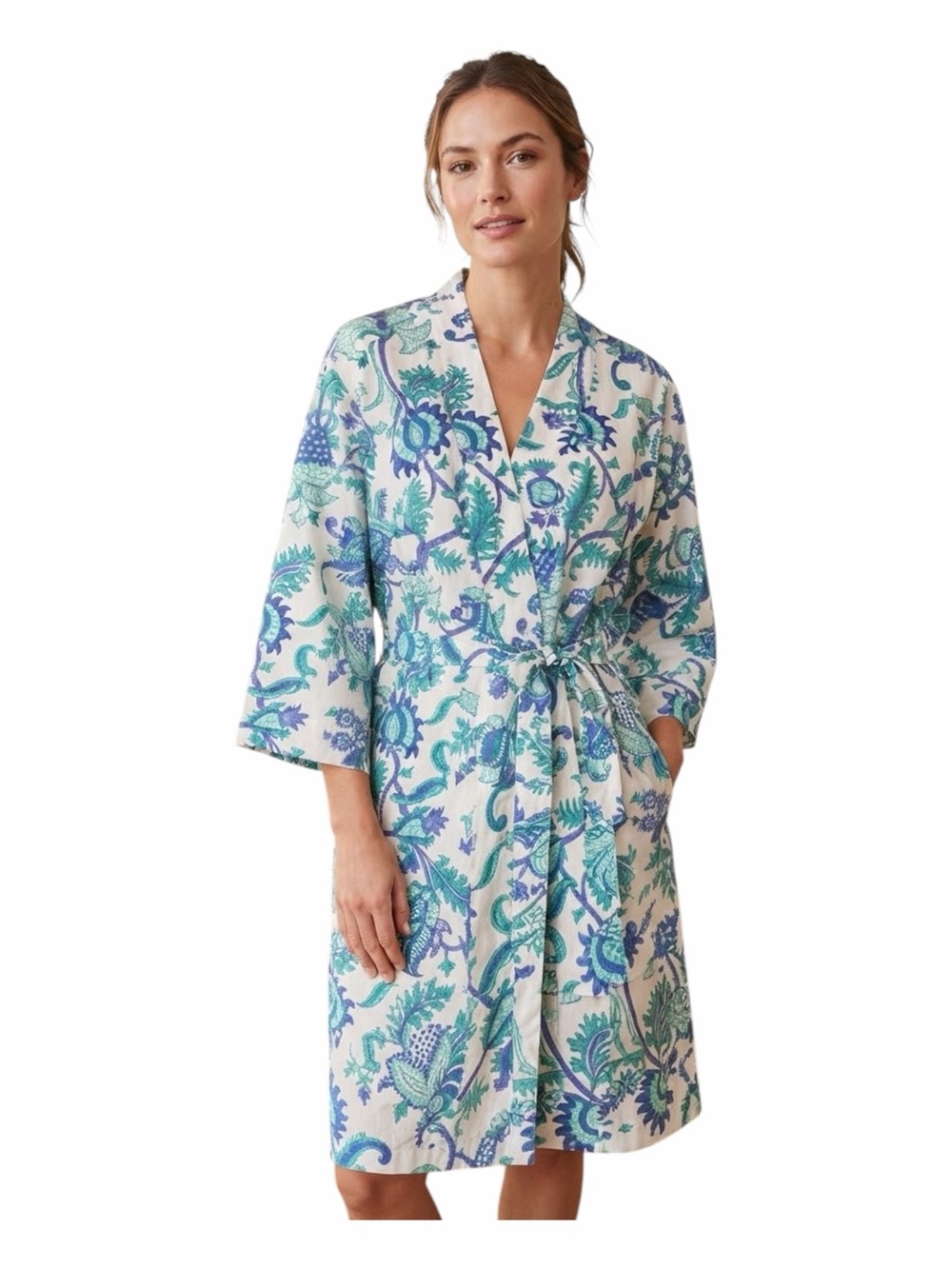 Roberta Roller Rabbit Turquoise Blue & Green Floral Kimono Wrap Robe - One Size